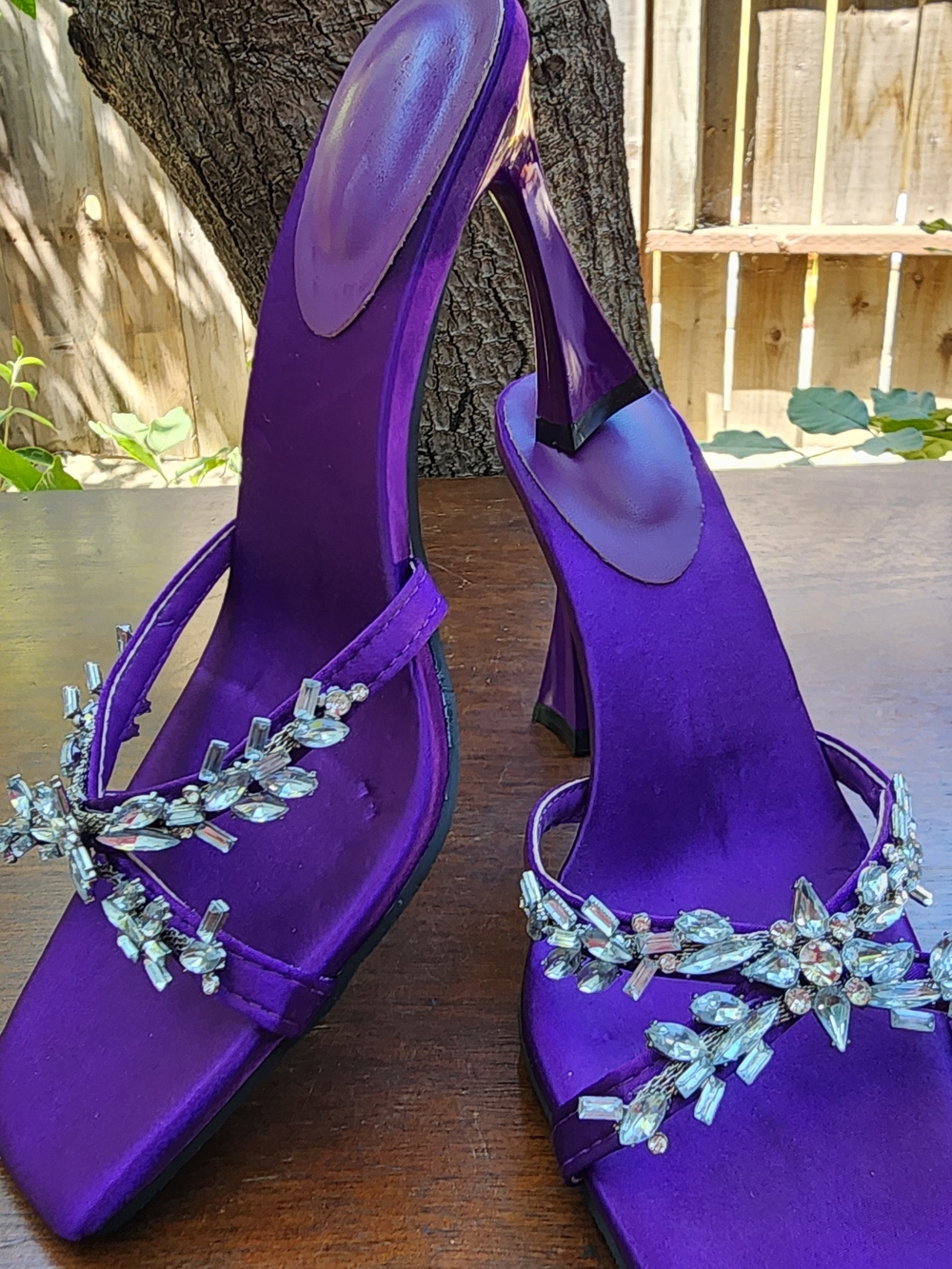 Purple Satin Rhinestone Embellished Mules Square Toe Flare Heel Sandal 38/7.5